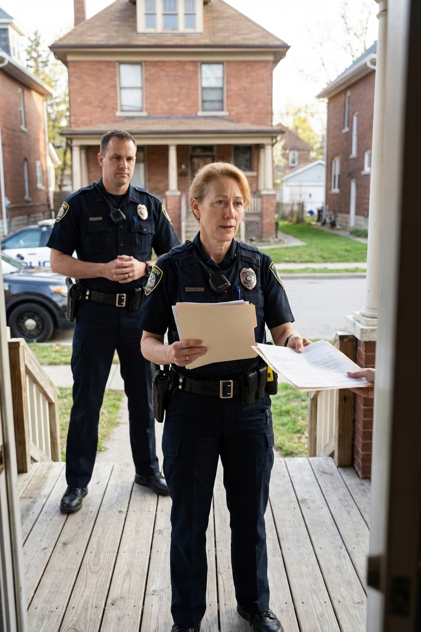 A police officer holding a folder of paperwork while standing on a front porch, with another officer nearby, preparing to serve legal documents, realistic news photography