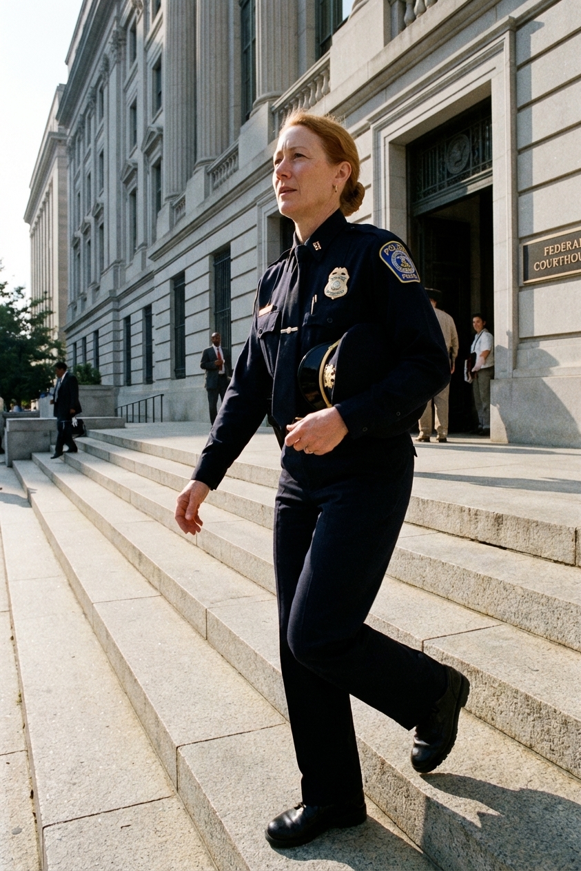 A police officer in uniform walking up the steps of a federal courthouse in daylight, candid news photography style