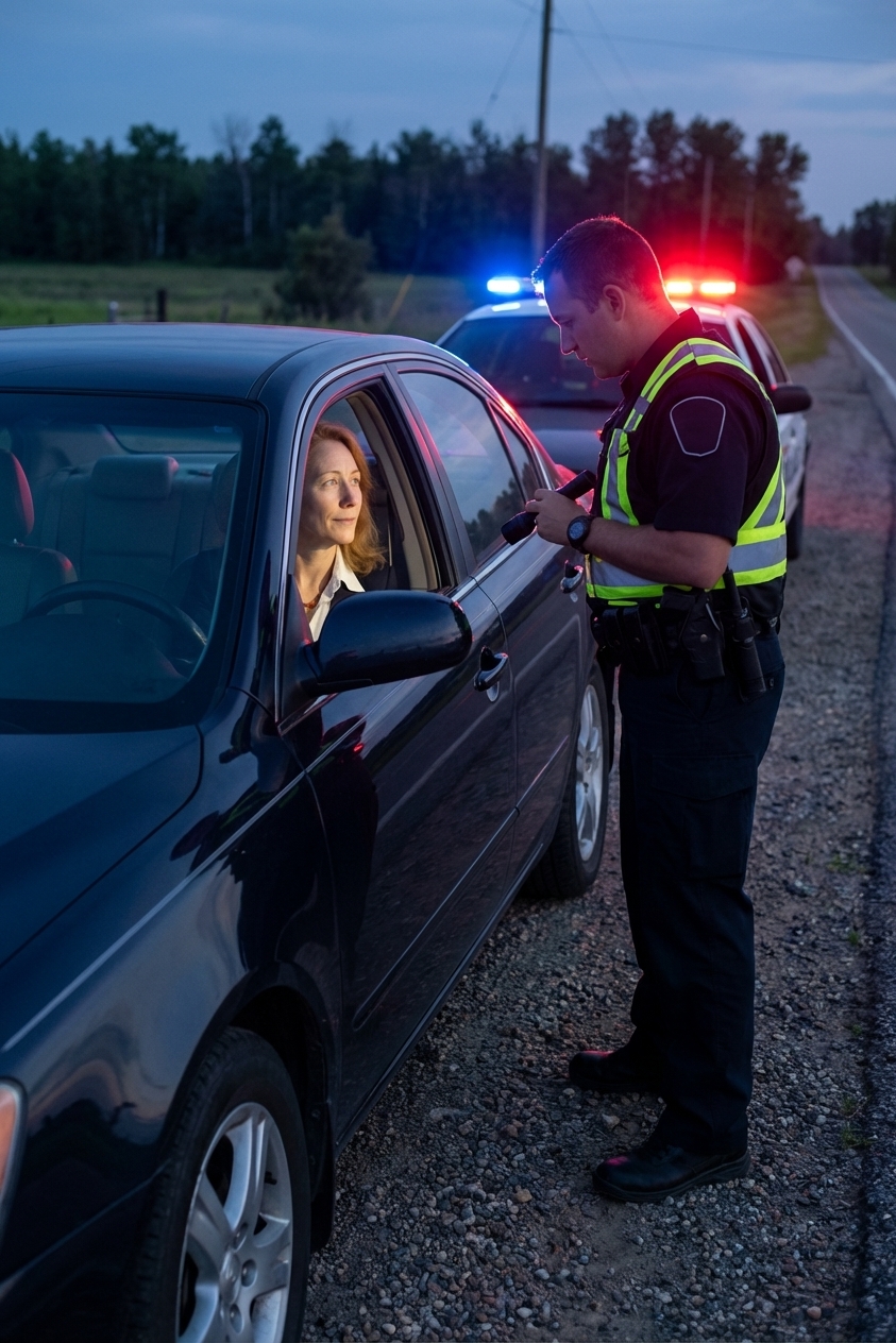 A police officer standing outside a pulled-over car on the shoulder of a road at dusk, the driver visible through the window, realistic news photography