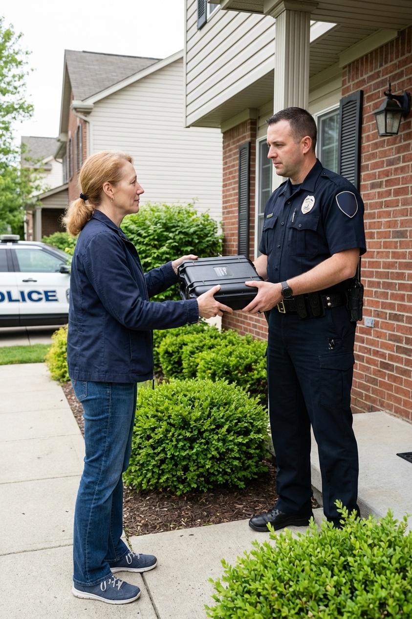 A police officer standing outside a suburban home receiving a locked firearm case from an adult resident during a calm, orderly interaction, realistic news photography