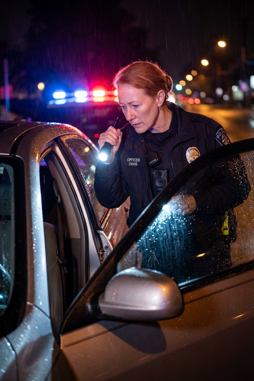 A police officer using a flashlight to look inside a car through an open door at night, realistic news photography