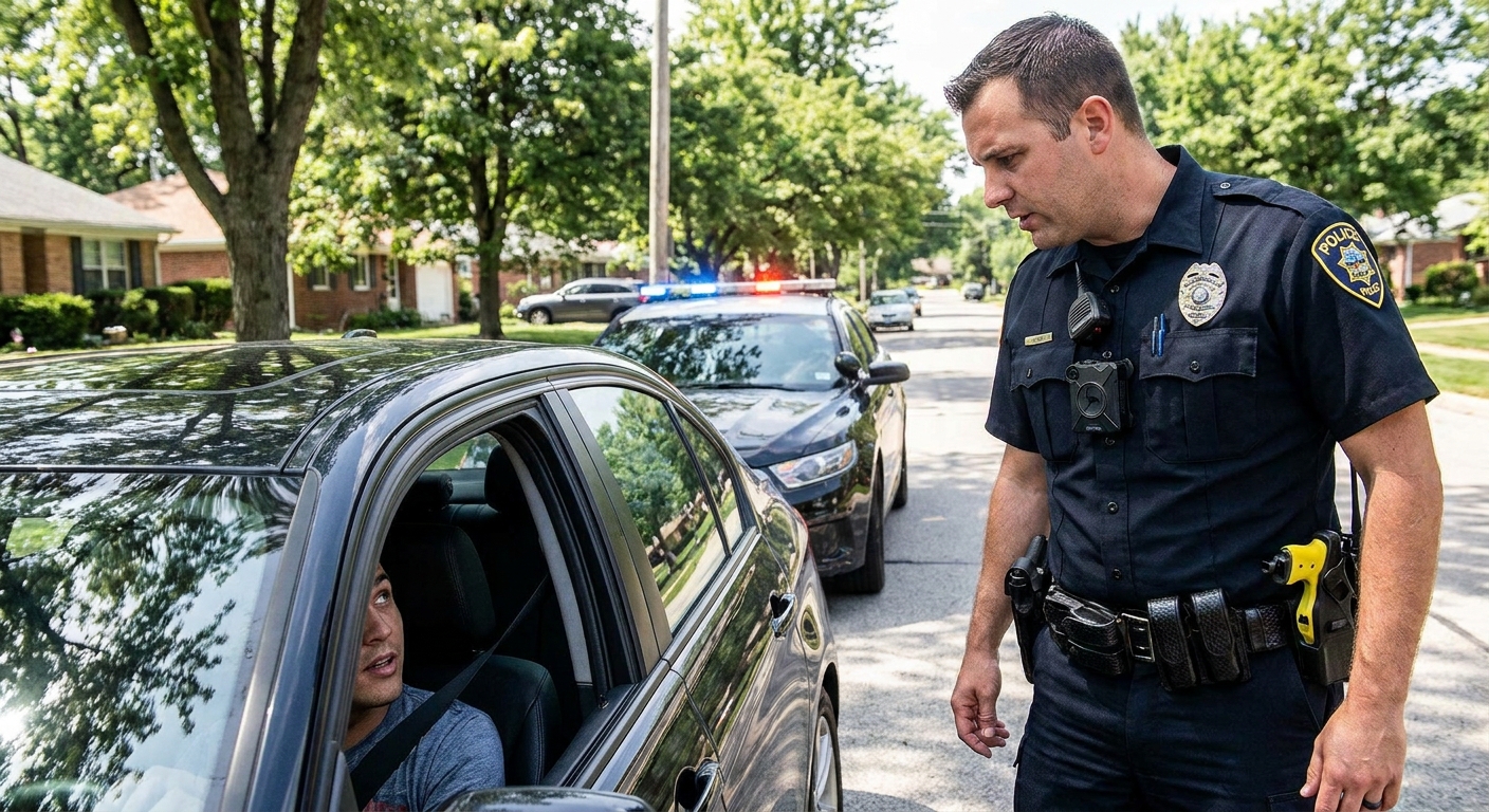 A police officer wearing a body camera speaking with a driver through an open car window during a daytime traffic stop on a suburban road, news photography style