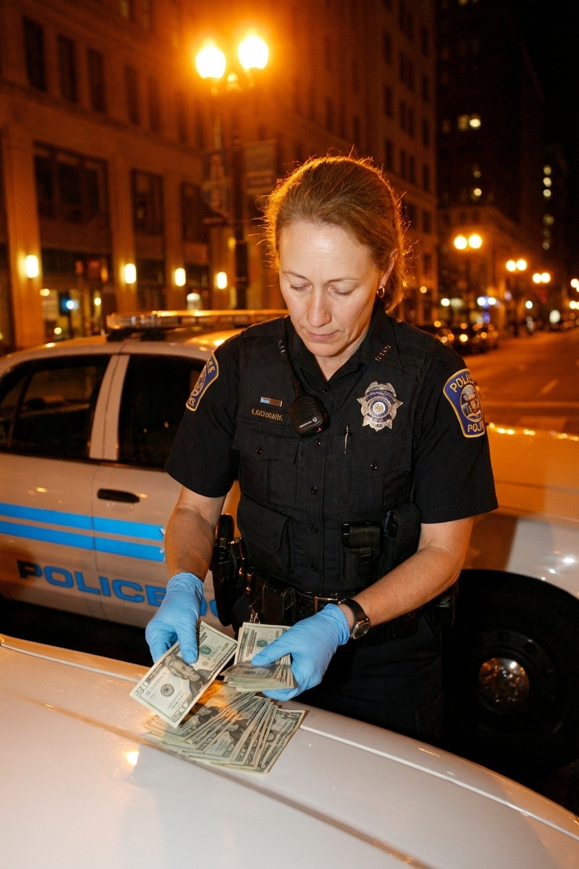 A police officer wearing latex gloves counting U.S. dollar bills on the hood of a patrol car at night under streetlights, realistic news photography style