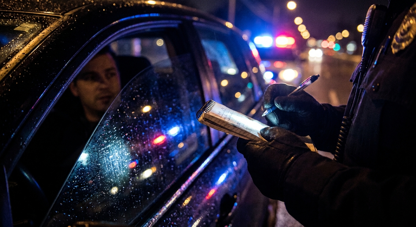 A police officer's hand holding a small notepad near the window of a car during a nighttime traffic stop, shallow depth of field, news photography style