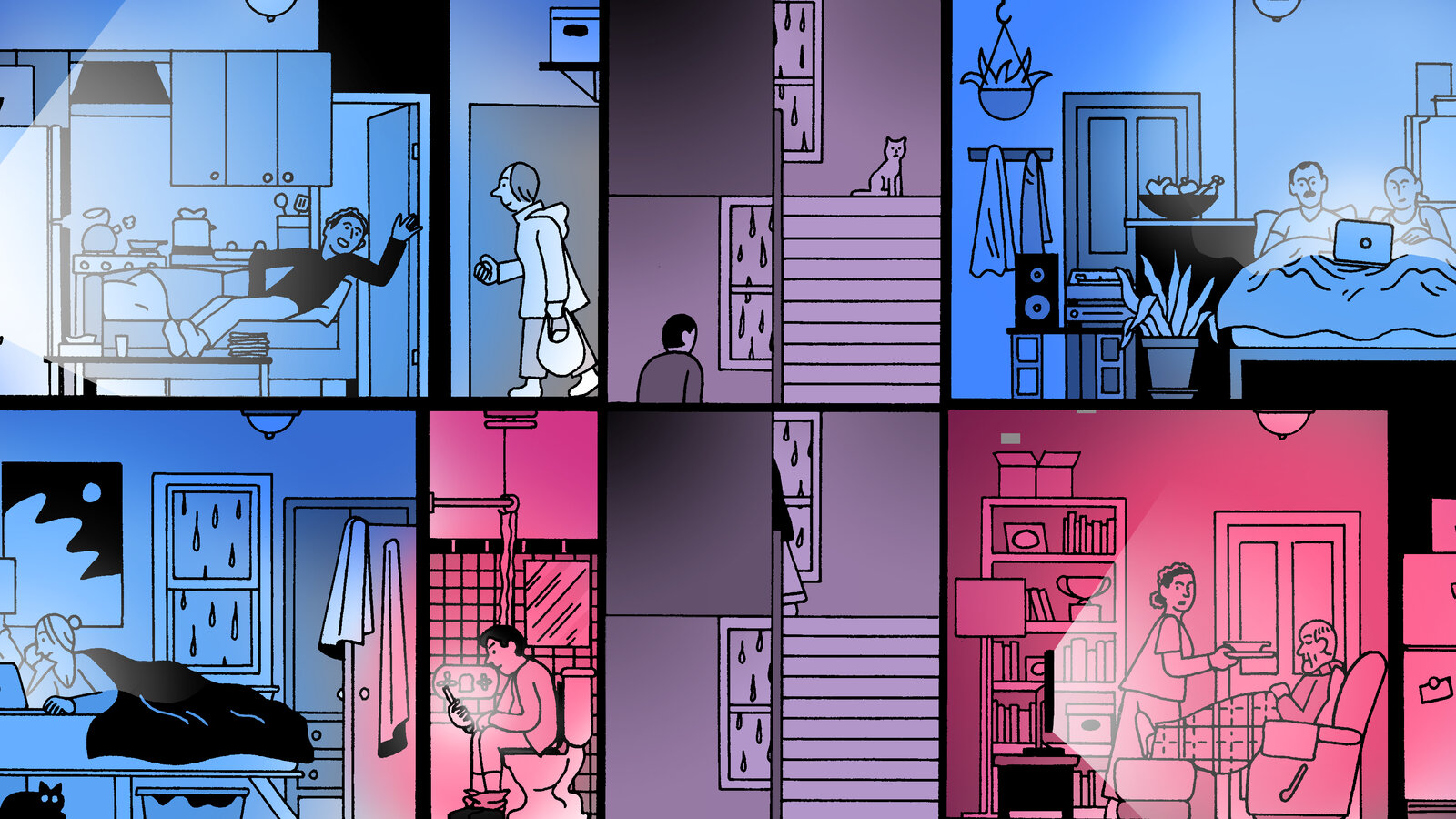 A political advertising producer adjusting a camera in a television studio while a candidate-style speaker sits under bright lights, candid newsroom photography style