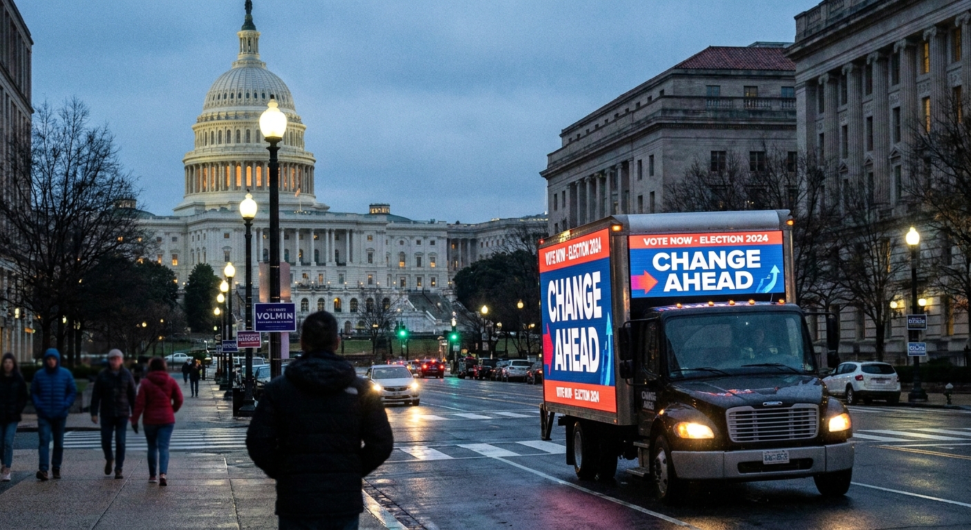A political advertising truck driving past government buildings in Washington, DC at dusk during election season, news photography style