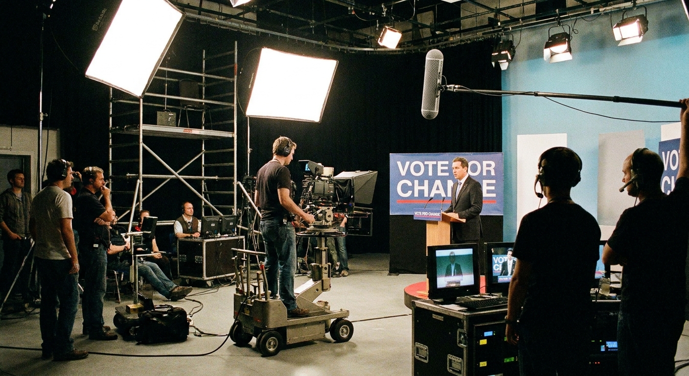 A political campaign advertisement being filmed in a professional studio with bright lights and a camera crew, news photography style