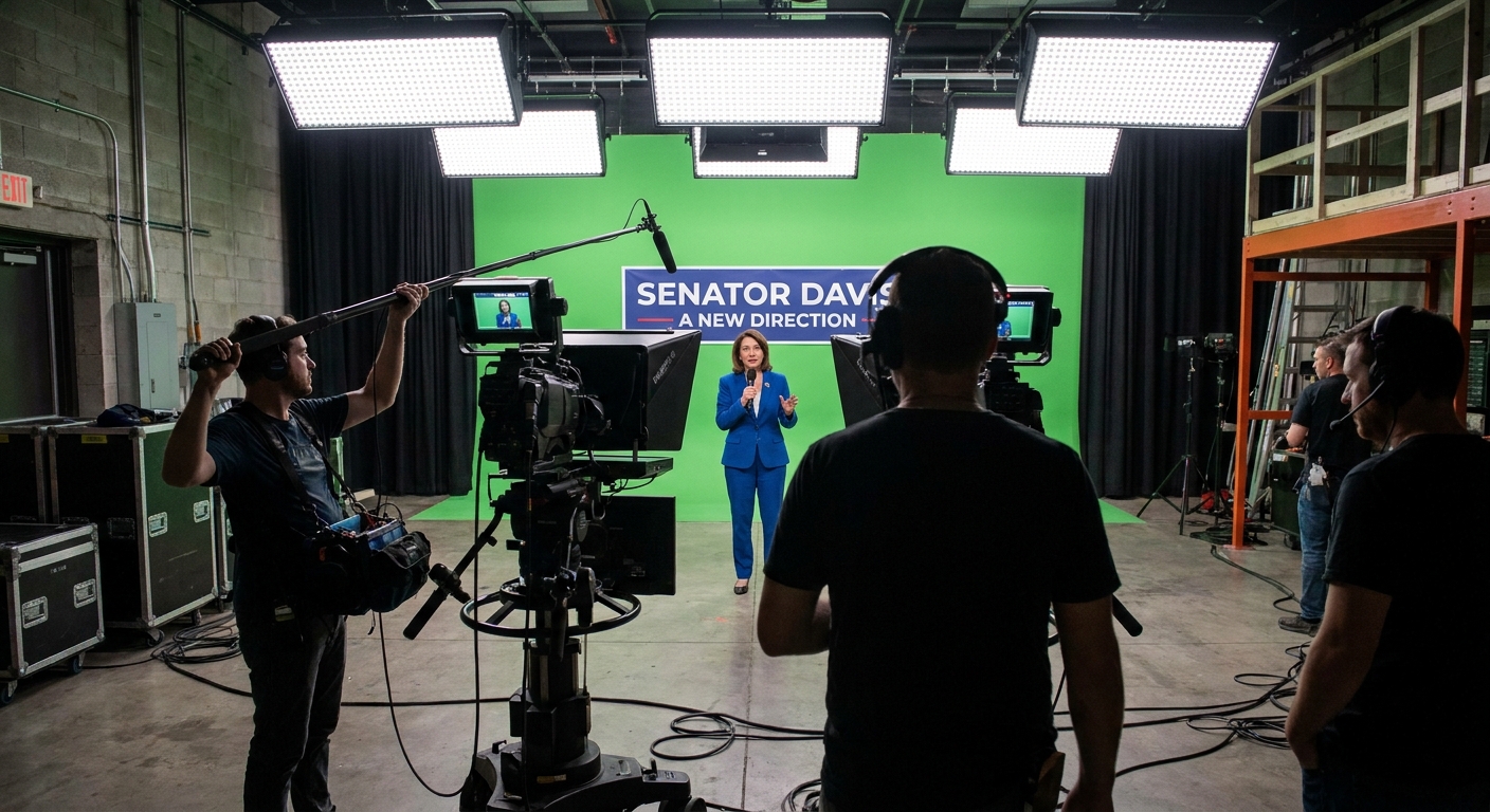 A political television advertisement being filmed in a professional studio with bright lights and a camera pointed at a spokesperson, documentary photography style