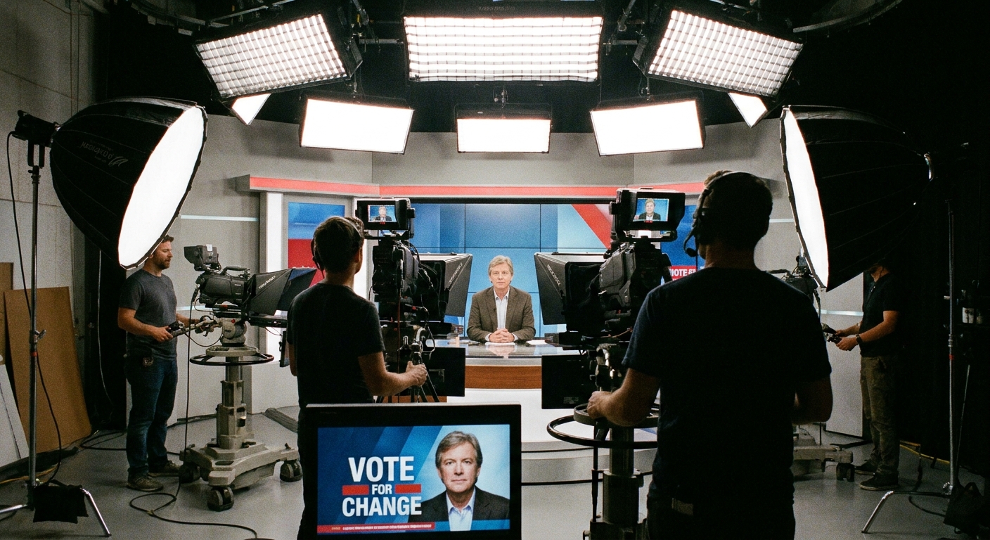 A political television advertisement being filmed in a studio with bright lights, cameras, and a person seated for an on-camera statement, news photography style