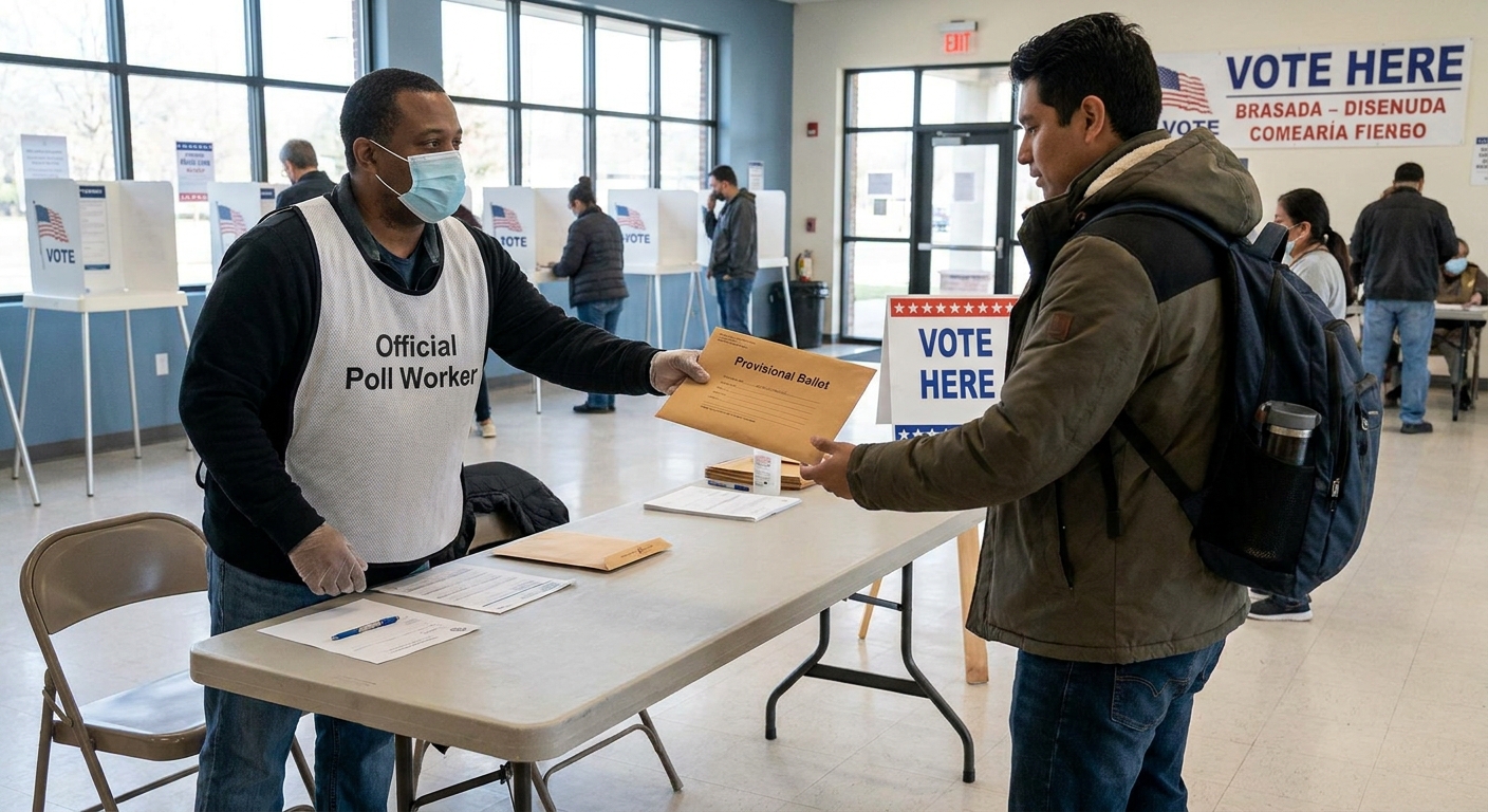 A poll worker at a polling place handing a voter a provisional ballot envelope across a check-in table, news photography style