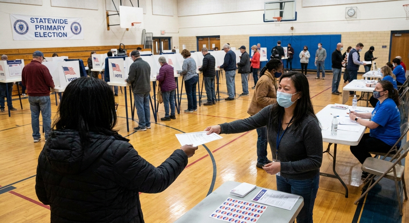 A poll worker handing a paper ballot to a voter at a busy polling place during a statewide primary election, news photography style
