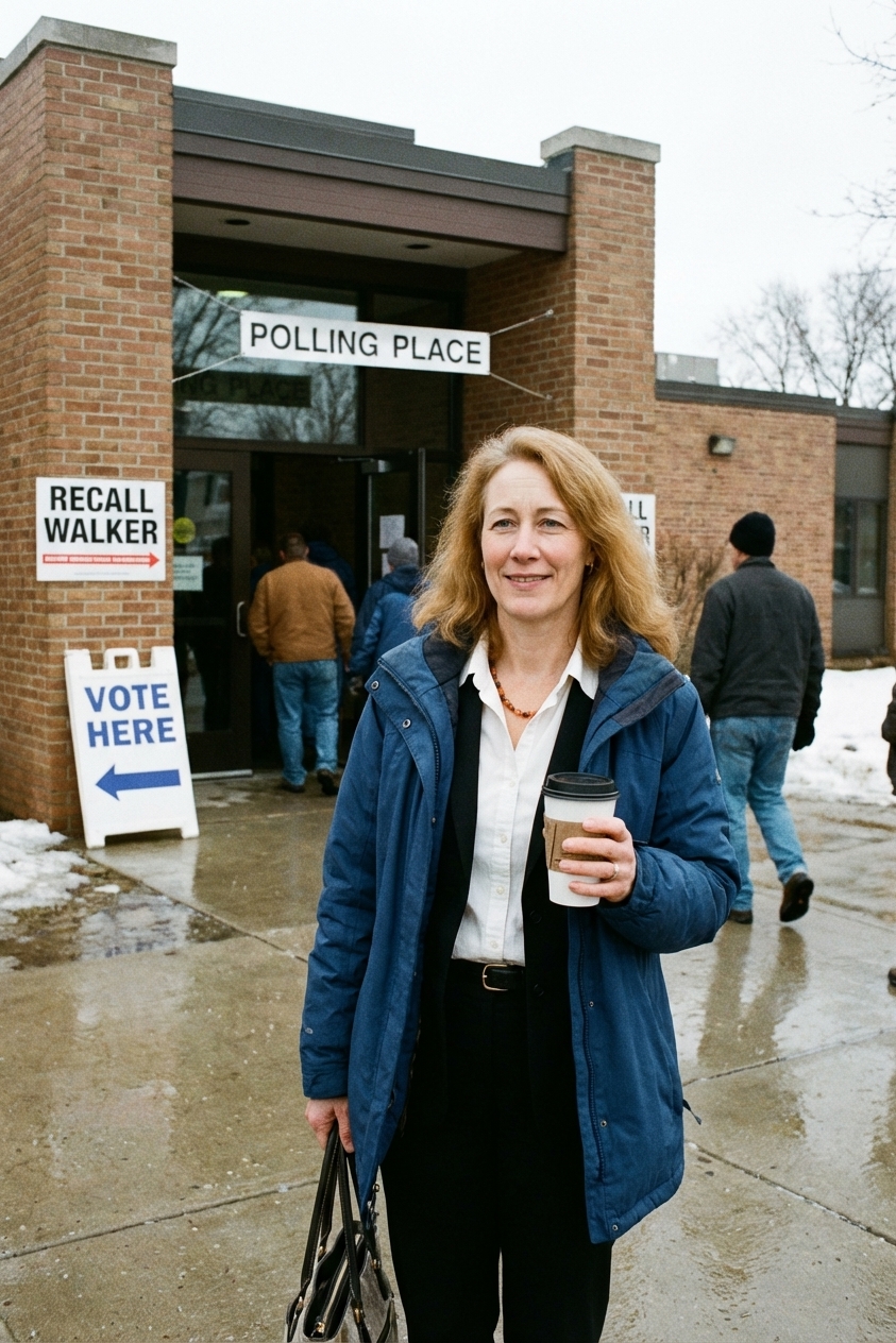 A polling place in Milwaukee, Wisconsin during the March 2012 Wisconsin recall election season, with voters entering a public building, news photograph style