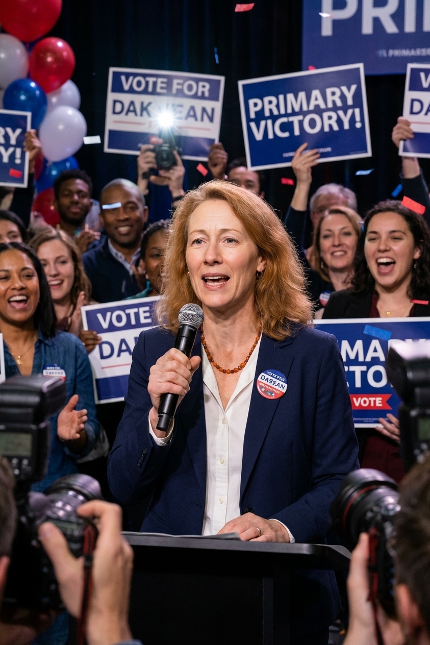 A presidential candidate speaking at a primary night rally with supporters holding signs in the background, news photography style
