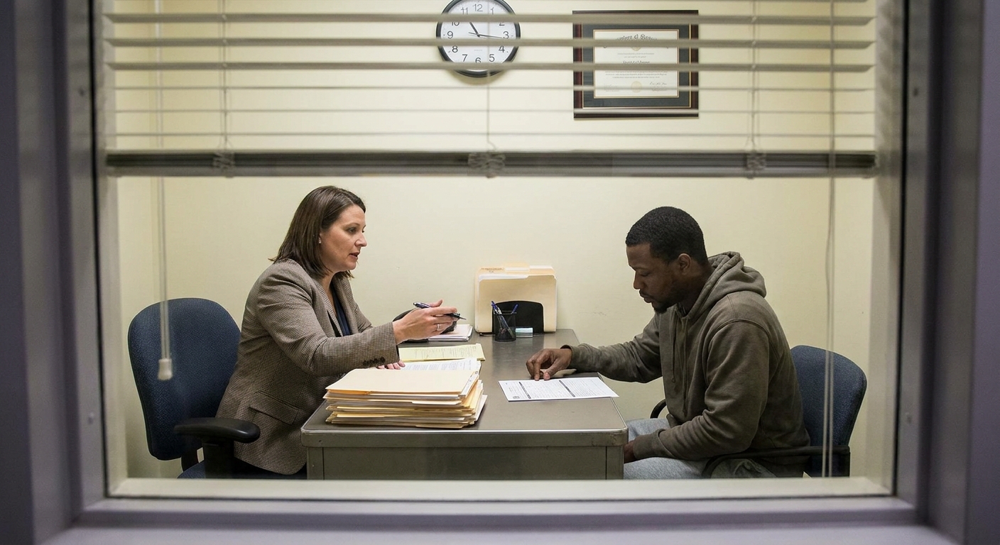 A pretrial services officer interviewing a defendant in a small office with paperwork on the desk, news photography style