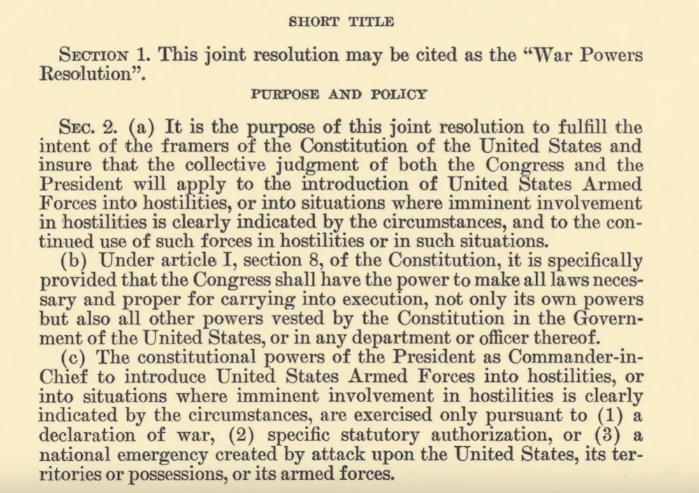 A printed page showing the War Powers Resolution of 1973 in a bound volume of U.S. public laws