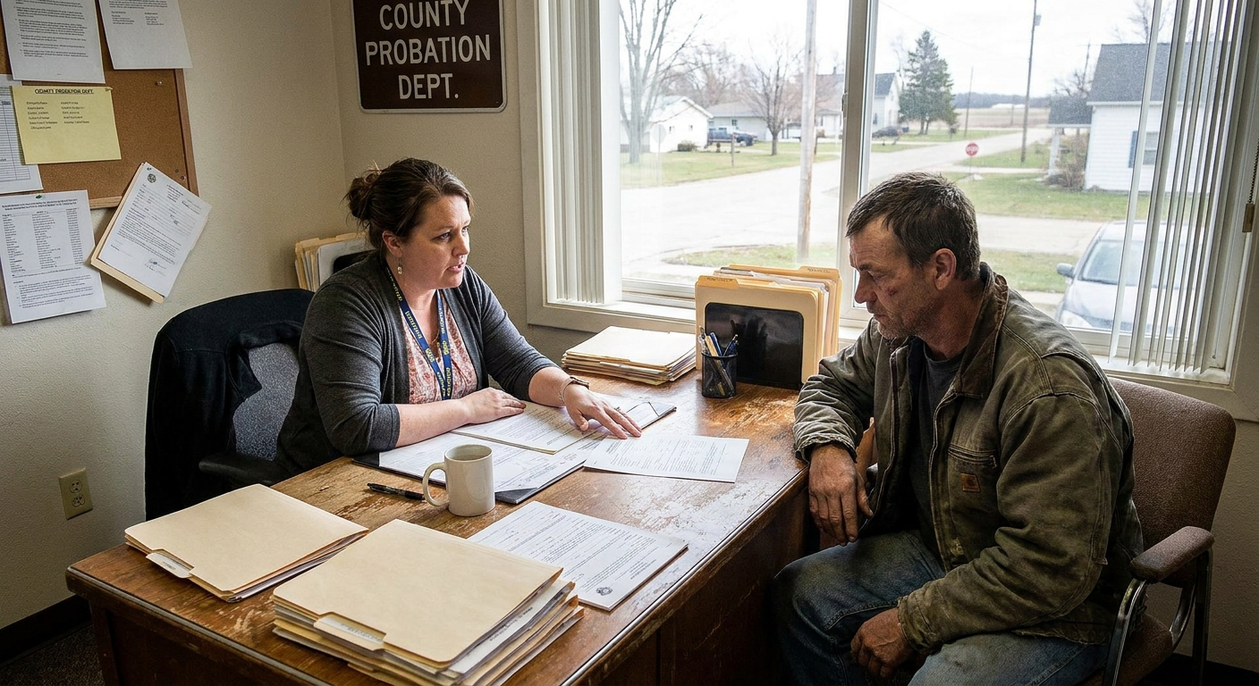 A probation officer meeting with a person in a small county supervision office, paperwork on the desk, natural light through a window, documentary news photo style