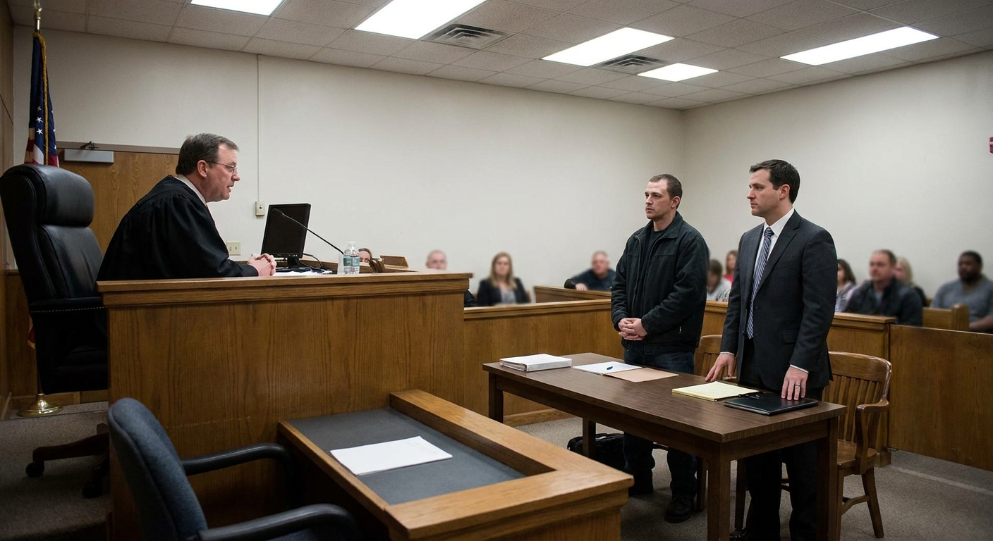 A probation revocation hearing in a county courthouse with a judge seated and a defendant standing beside counsel, candid courtroom photography style
