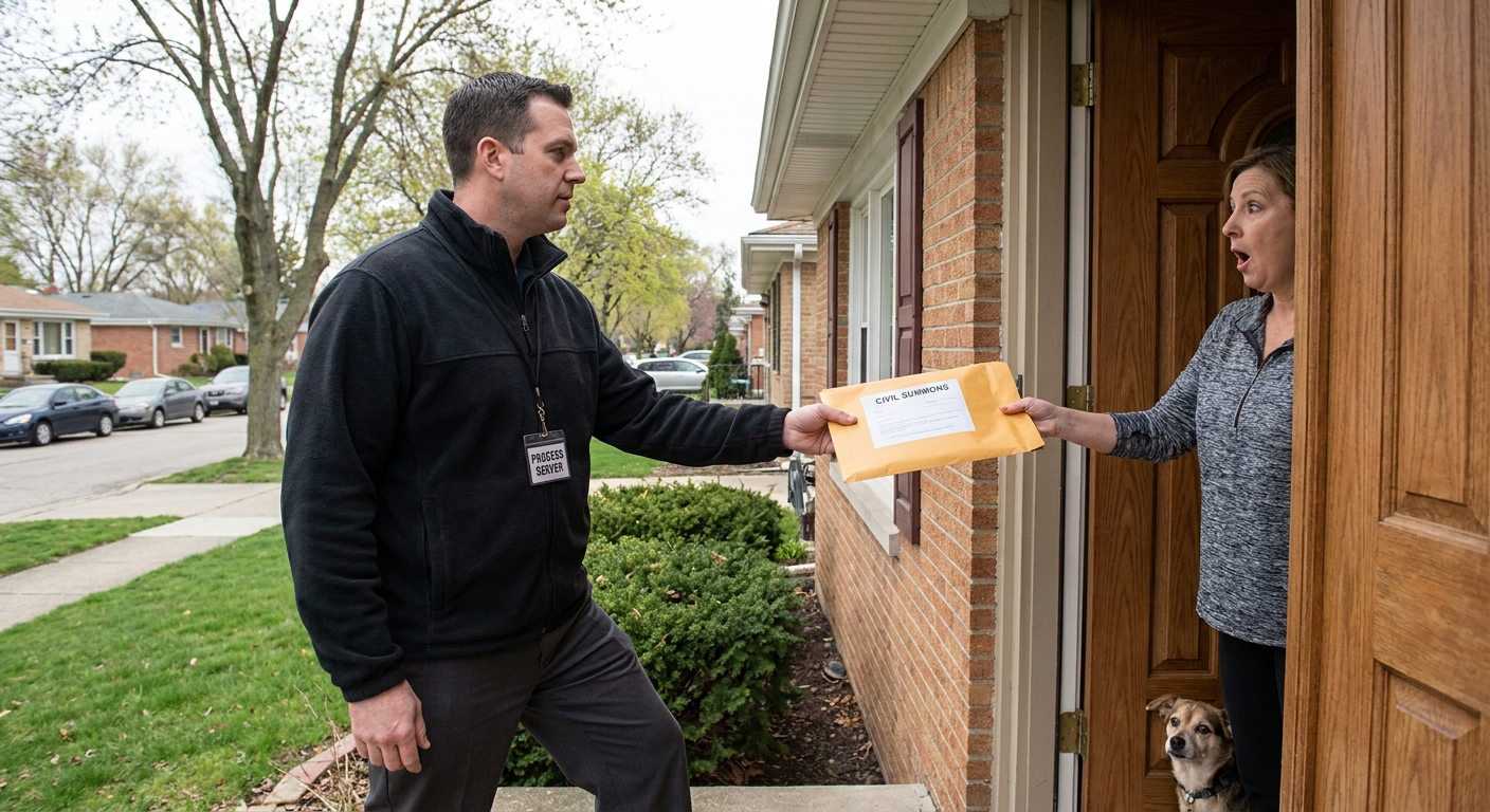 A process server handing a civil summons packet to a homeowner at a front door in a suburban neighborhood, documentary news photography style