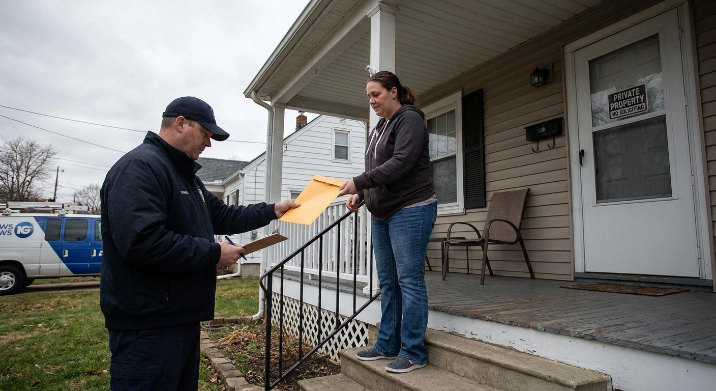 A professional process server standing on a residential front porch handing legal documents to an adult, candid street-level news photography style