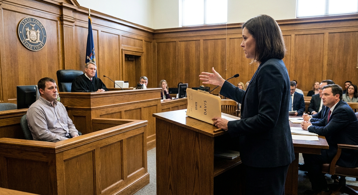 A prosecutor holding a case file while questioning a witness from the lectern during a preliminary hearing in a state courtroom, news photography style