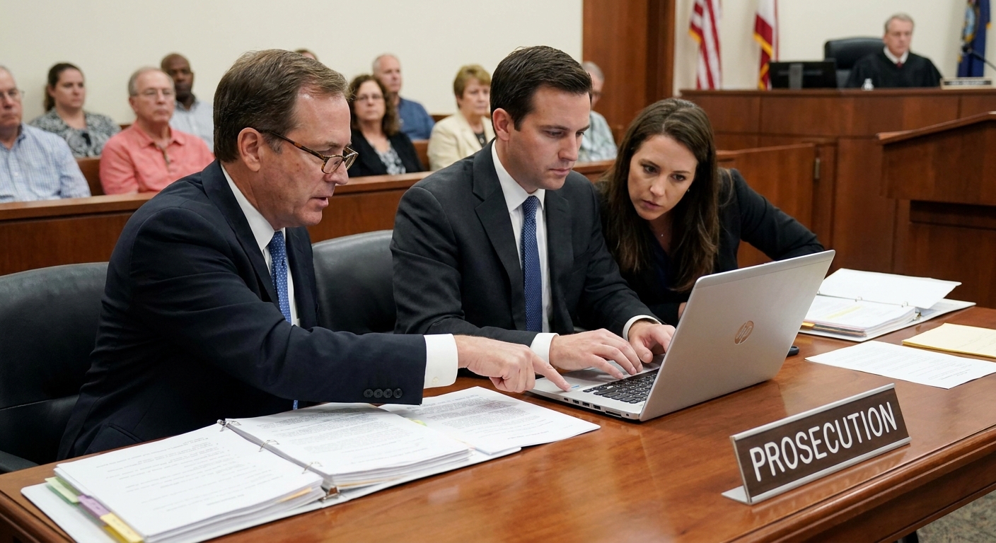 A prosecutor team seated at a courtroom table with open binders and a laptop during a criminal trial, news photography style