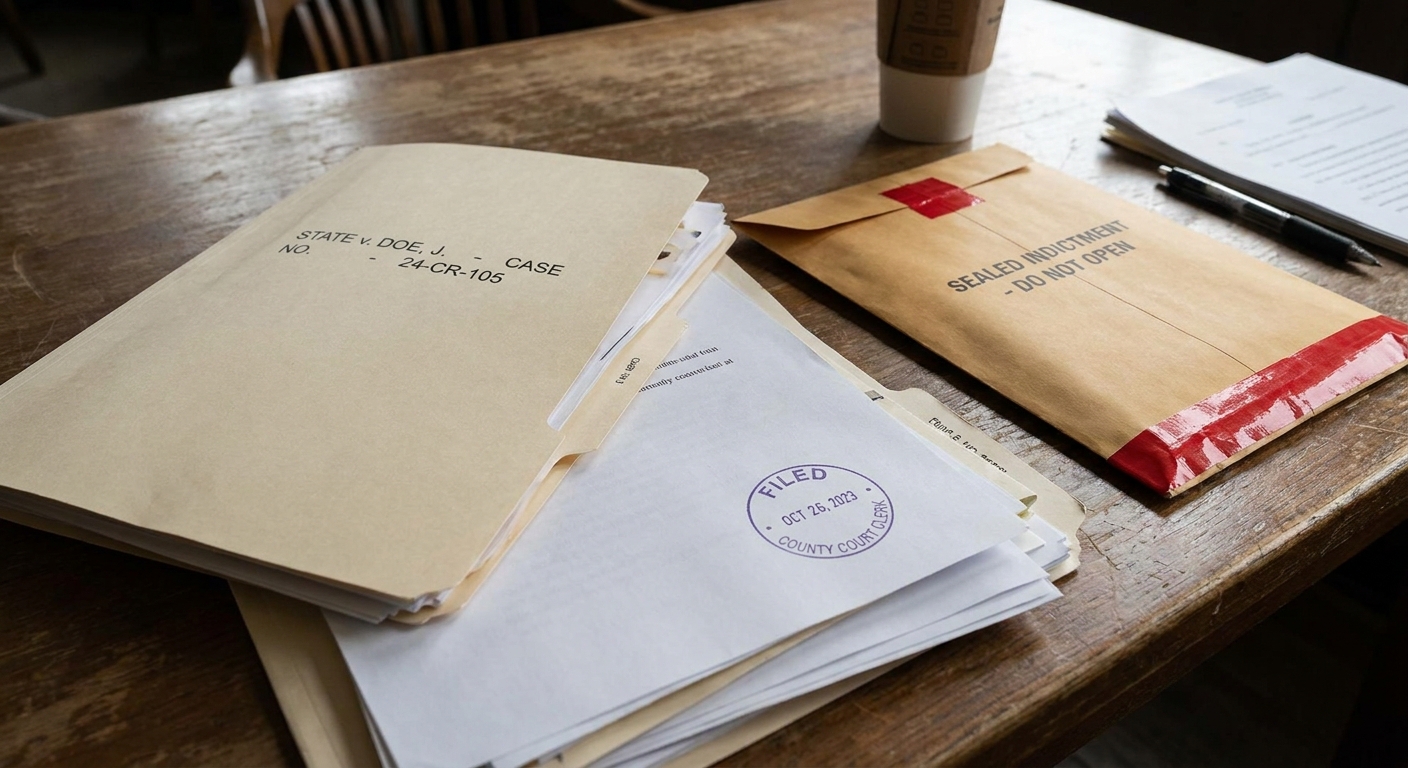 A prosecutor’s case file with sealed indictment paperwork and a courthouse stamp resting on a wooden table, documentary news photography style