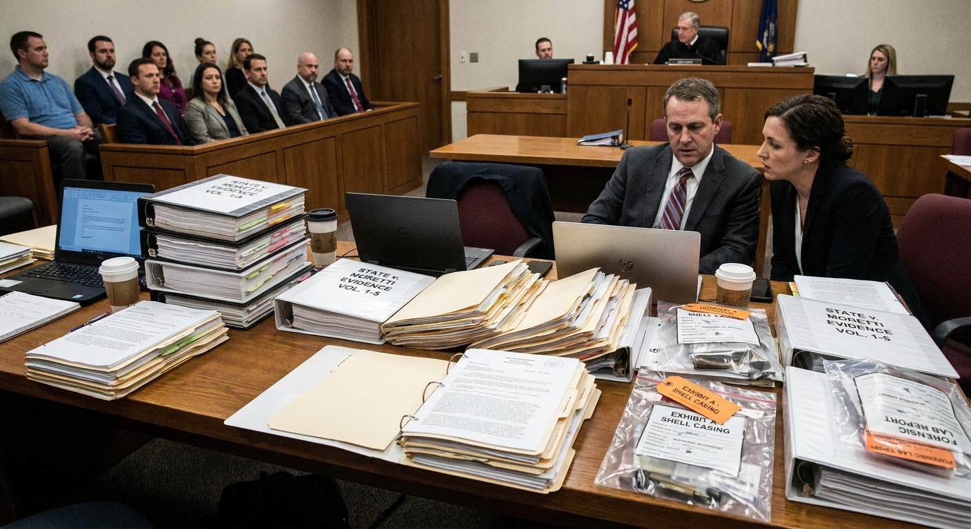 A prosecutor’s table in a courtroom with stacked binders, folders, and evidence tags during a complex criminal trial, news photography style