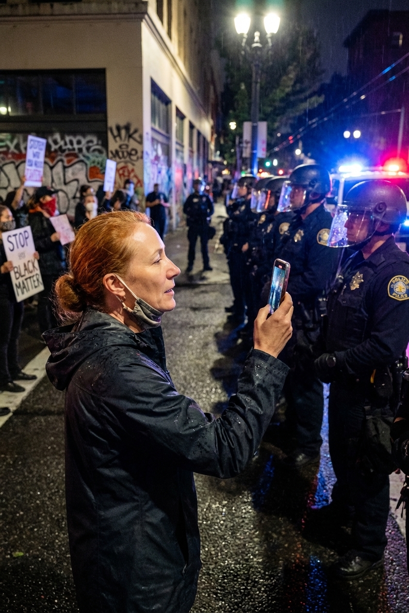 A protester holding a smartphone up to record police officers in riot gear on a city street in Portland, Oregon in September 2020 at night, news photography style