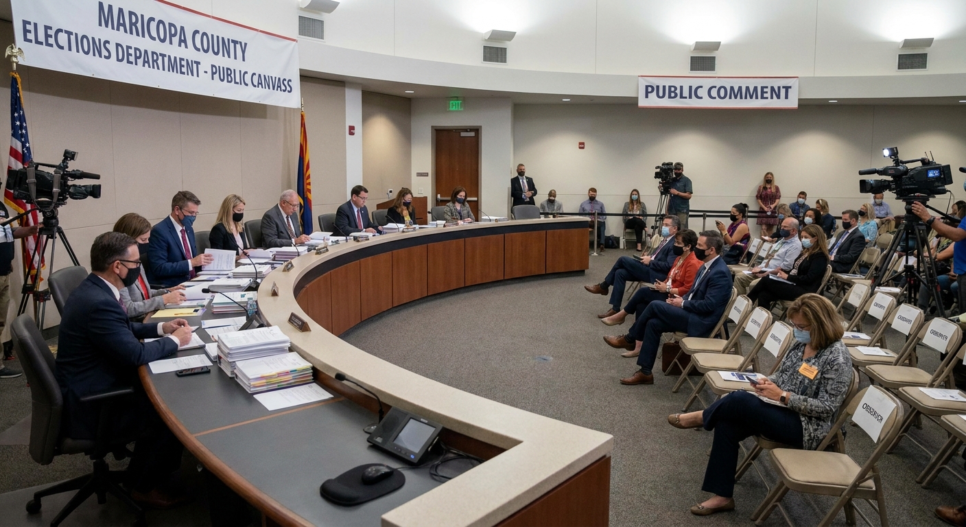 A public county canvass meeting in Phoenix, Arizona, with election officials seated at a dais reviewing documents while members of the public watch from rows of chairs, news photography style