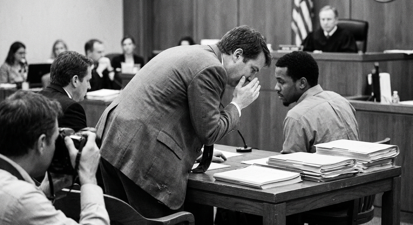 A public defender leaning in to speak quietly with a client at the defense table inside a county courtroom, with case files and a notepad on the table, news photography style