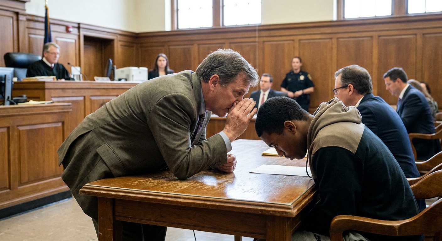 A public defender leaning in to speak quietly with a client seated at a courtroom table before a hearing, realistic courtroom photography style