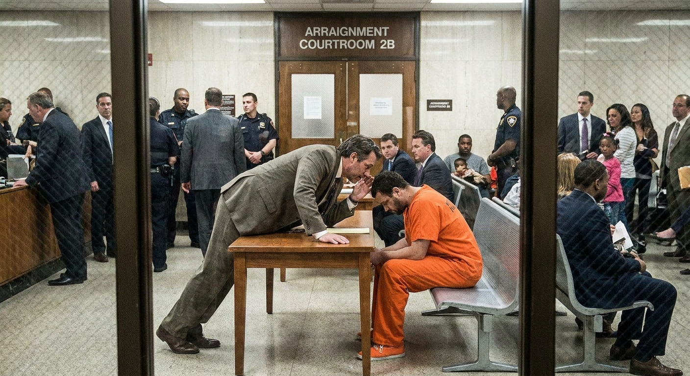 A public defender leaning toward a seated client at counsel table in a busy courthouse hallway outside an arraignment courtroom, news photography style