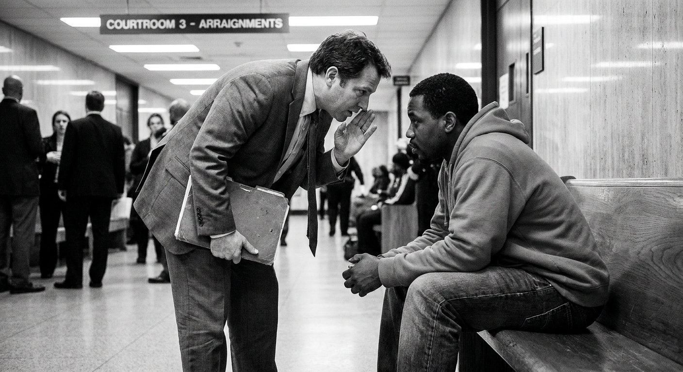 A public defender quietly speaking with a client in a courthouse hallway outside a courtroom before an arraignment, candid news photography style