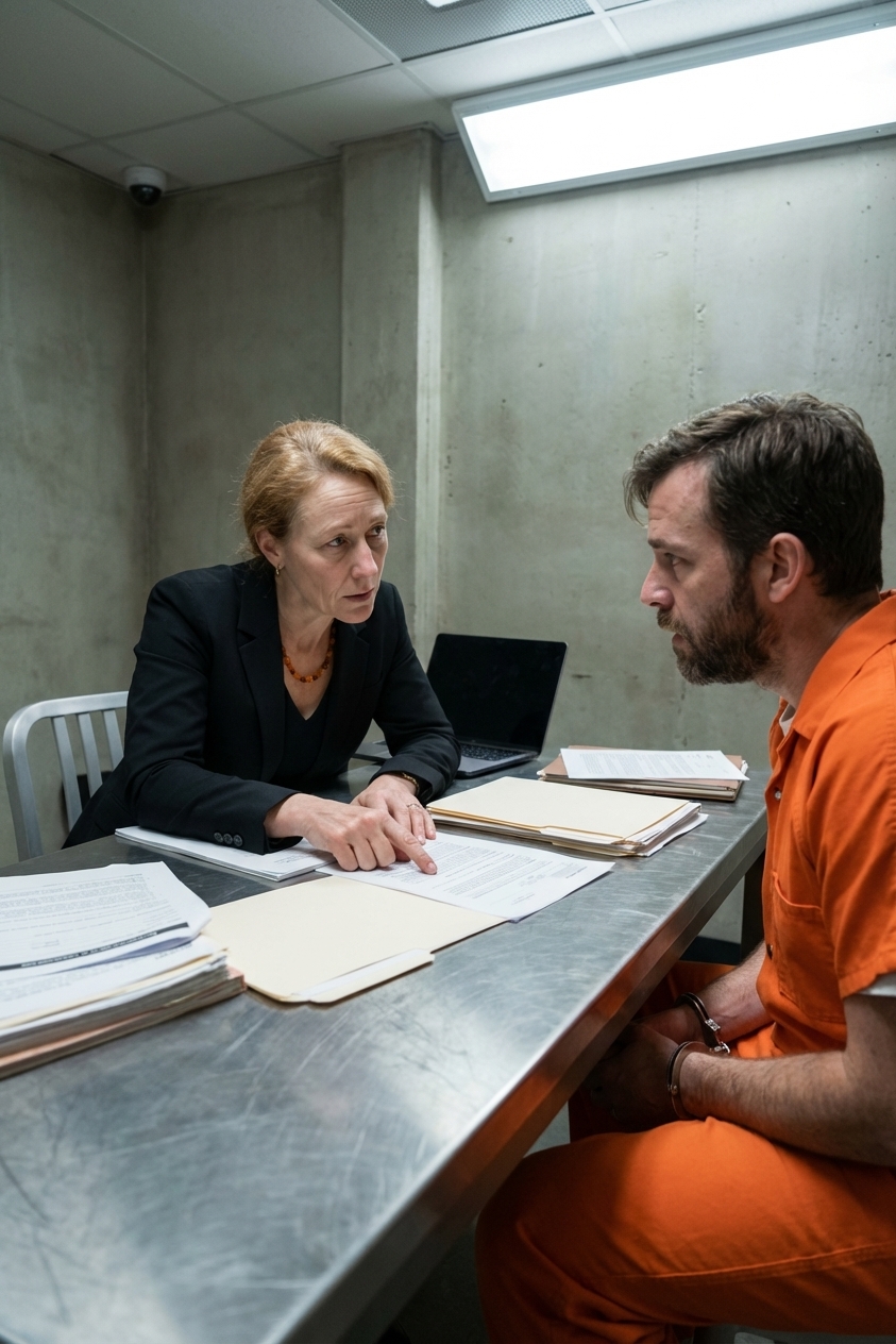 A public defender sitting across a table from a client in a county jail interview room, papers spread out as they discuss a case, realistic documentary photography