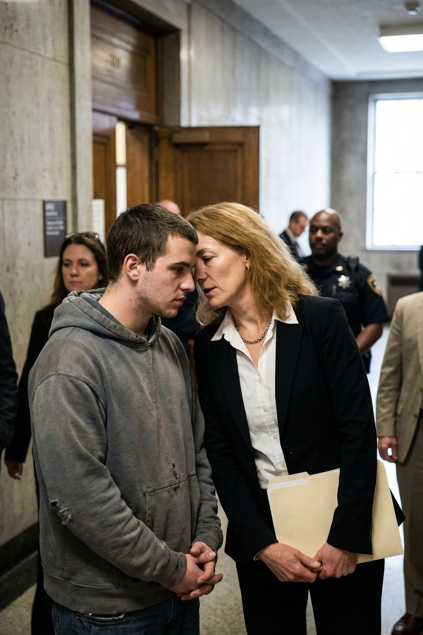 A public defender speaking quietly with a client in a courthouse hallway outside a courtroom, news photography style