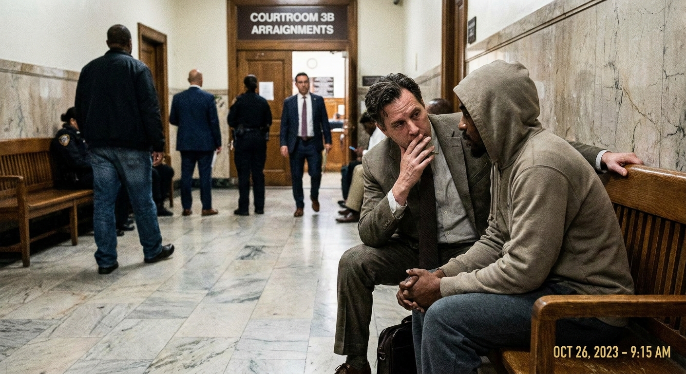 A public defender speaking quietly with a client in a courthouse hallway outside a courtroom before an arraignment, documentary news photography style