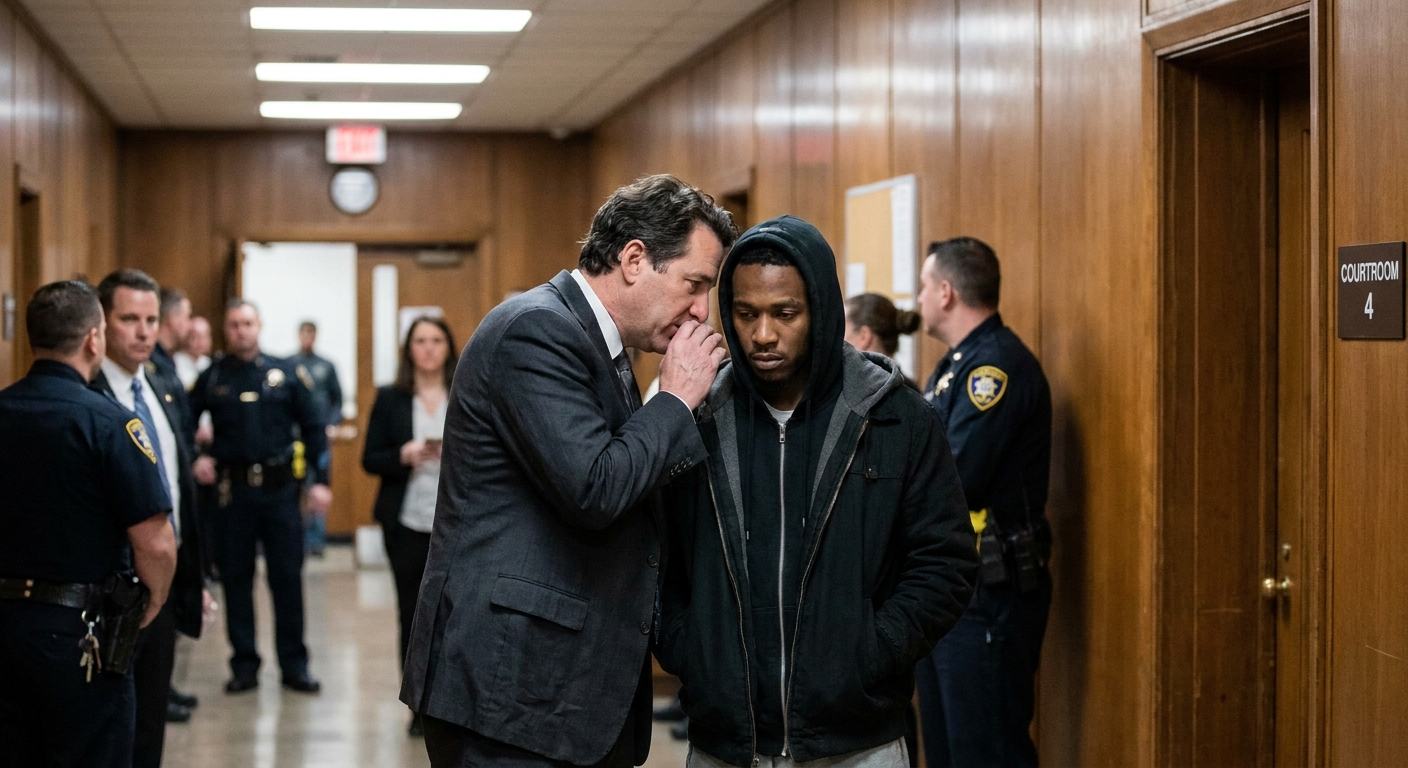 A public defender speaking quietly with a client in a courthouse hallway outside a courtroom door, candid documentary-style photograph
