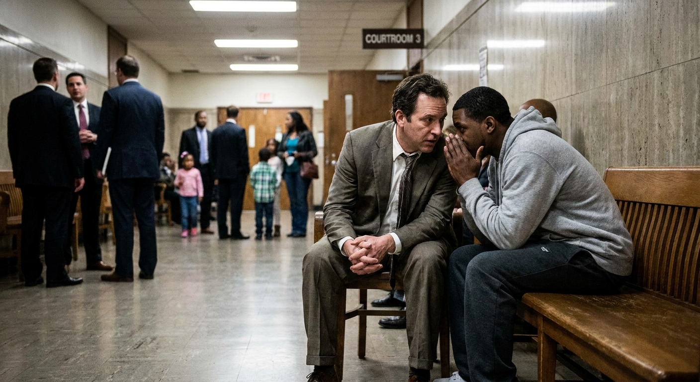 A public defender speaking quietly with a client in a courthouse hallway outside a courtroom before an arraignment, candid news photography style