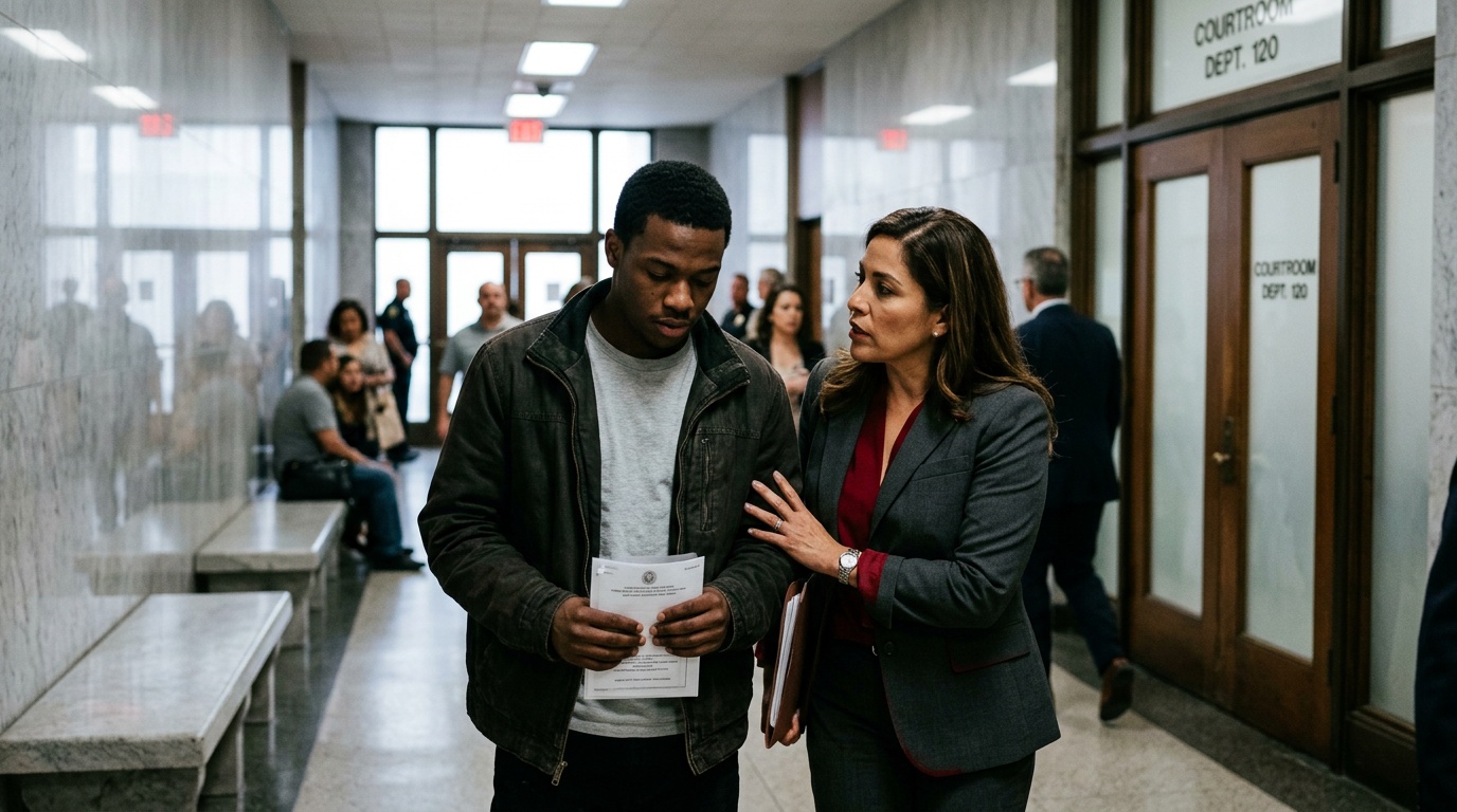 A public defender speaking quietly with a client in a courthouse hallway outside a courtroom after an arraignment, news photography style