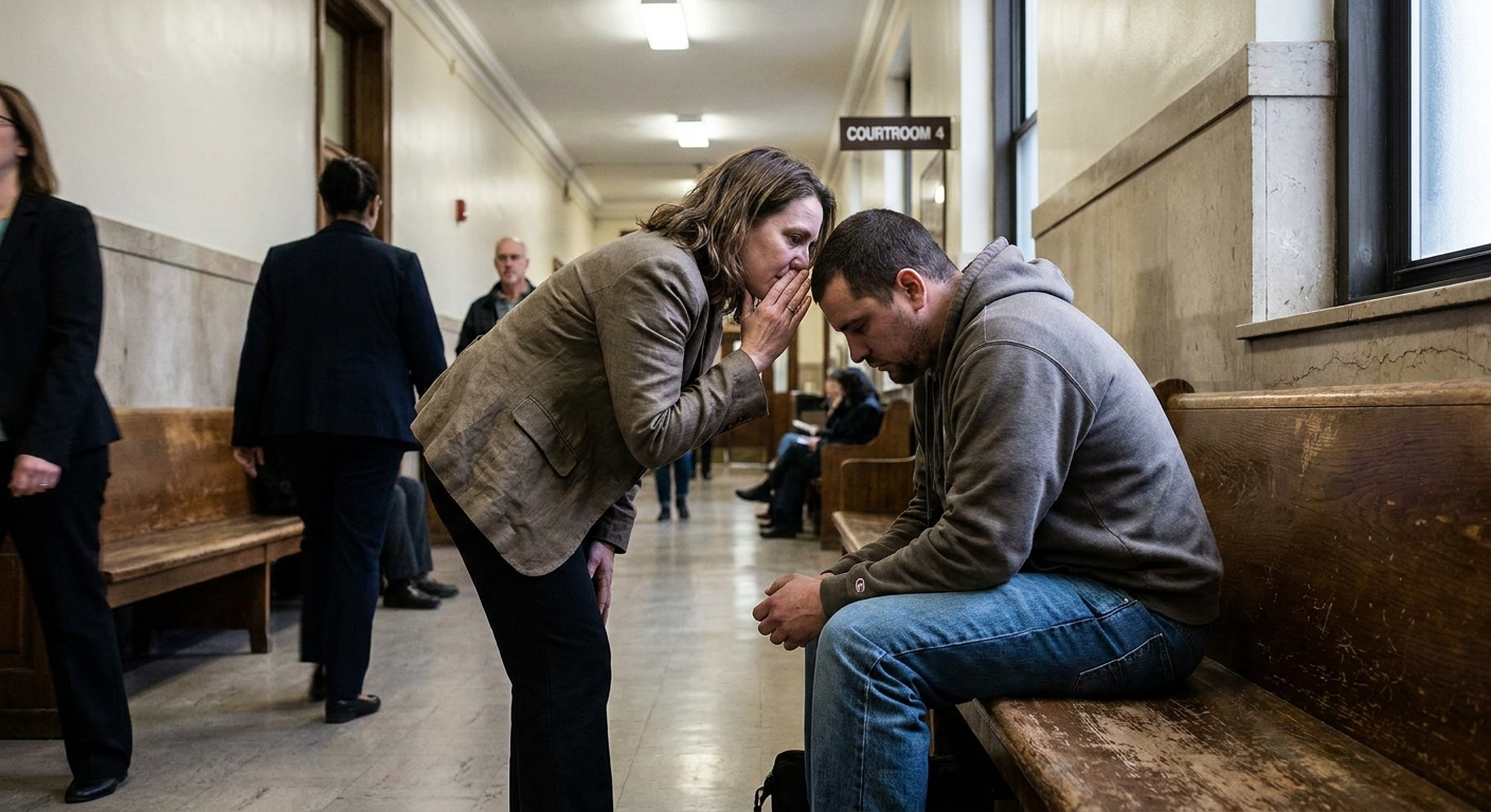 A public defender speaking quietly with a client outside a courtroom in a courthouse hallway, realistic documentary photography style