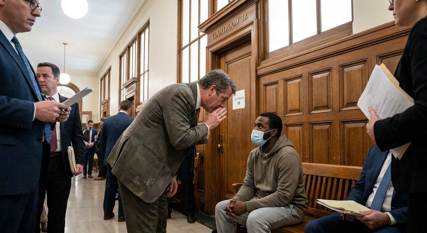 A public defender speaking quietly with a defendant in a courthouse hallway outside a courtroom door, news photography style