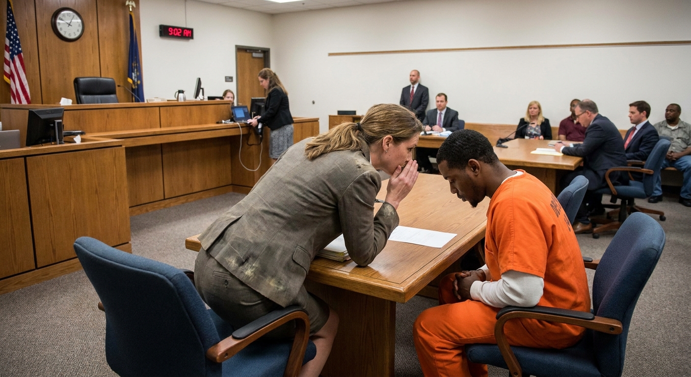 A public defender speaking quietly with a defendant at counsel table inside a courtroom before an arraignment begins