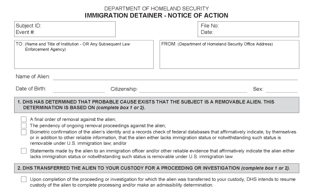 A publicly available sample or official image of DHS Form I-200, an administrative immigration arrest warrant form, shown flat on a surface with the form title visible