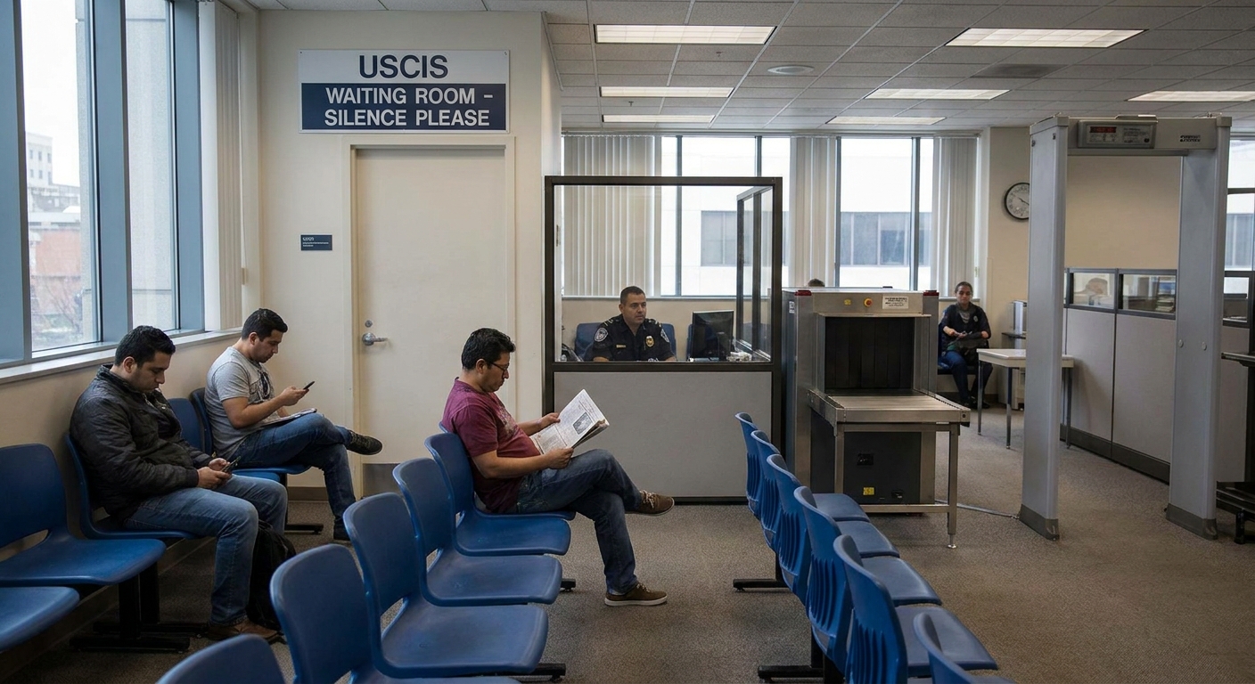 A quiet USCIS field office waiting room with a few people seated and a security checkpoint visible, documentary-style photography