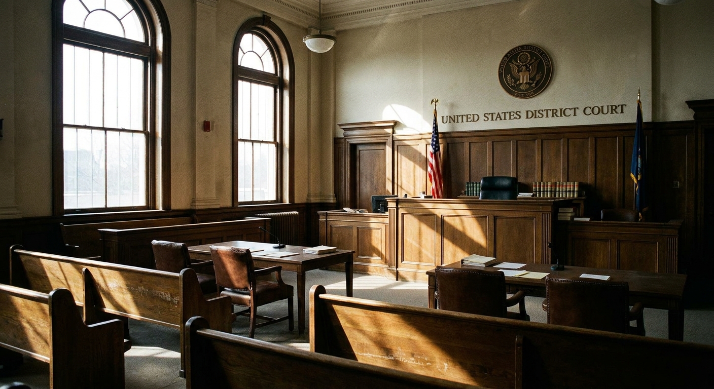 A quiet United States District Court courtroom with the judge’s bench and counsel tables visible, natural light coming through windows, documentary news photography style