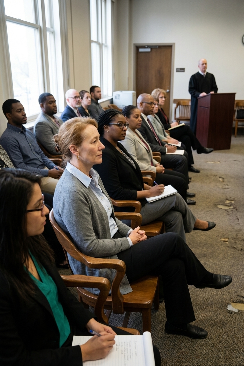 A quiet county courthouse jury assembly room with rows of seated prospective jurors listening to a court staff member during an orientation, natural light, real news photo style