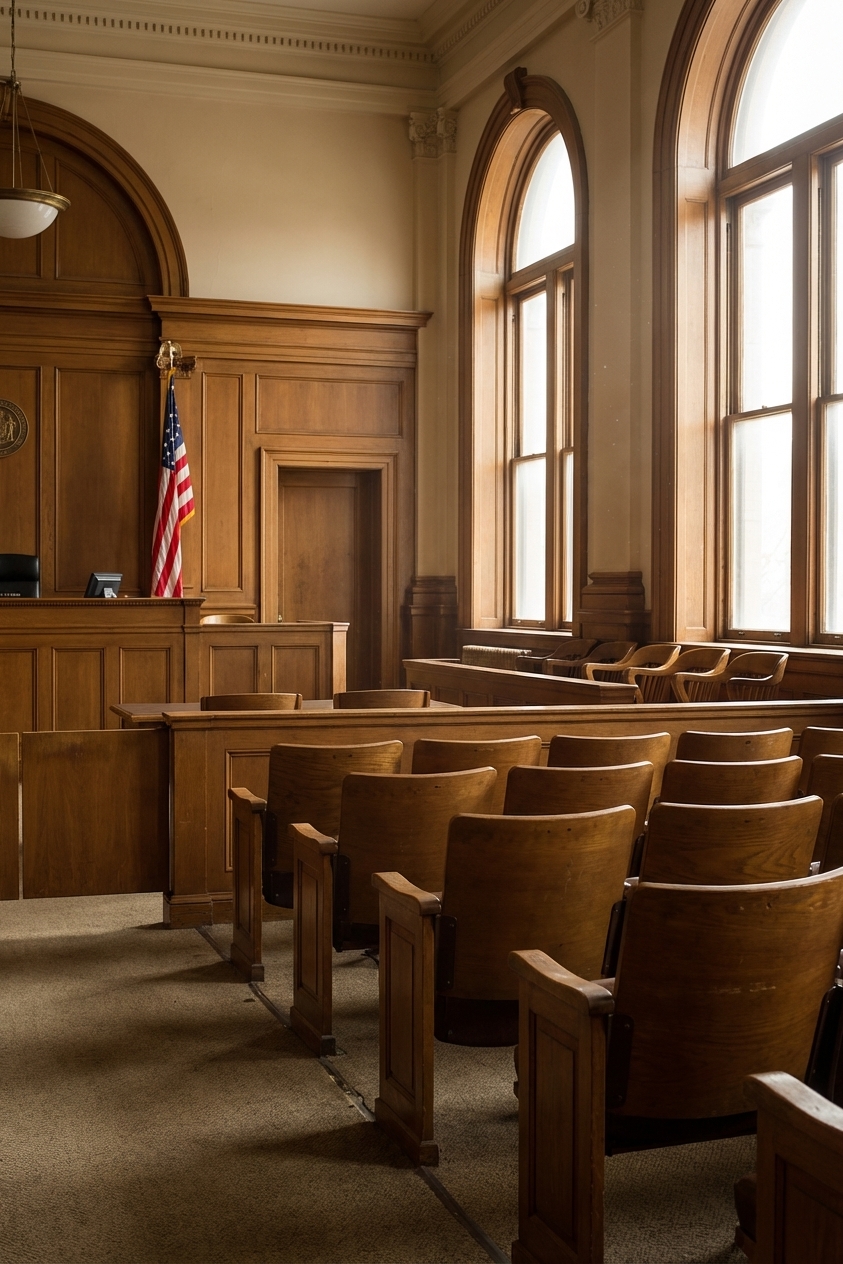 A quiet courthouse courtroom with empty juror seats and a U.S. flag beside the judge’s bench, natural light coming through tall windows, photorealistic documentary style