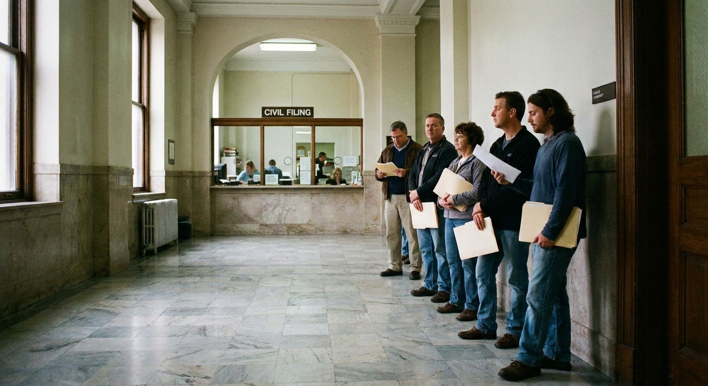 A quiet courthouse hallway with a civil filing window in the background and people holding folders waiting in line, realistic documentary photography