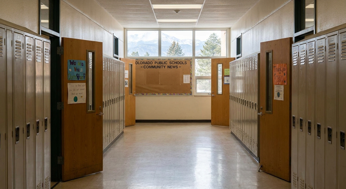 A quiet hallway inside a Colorado public middle school with classroom doors and lockers visible, news photography style