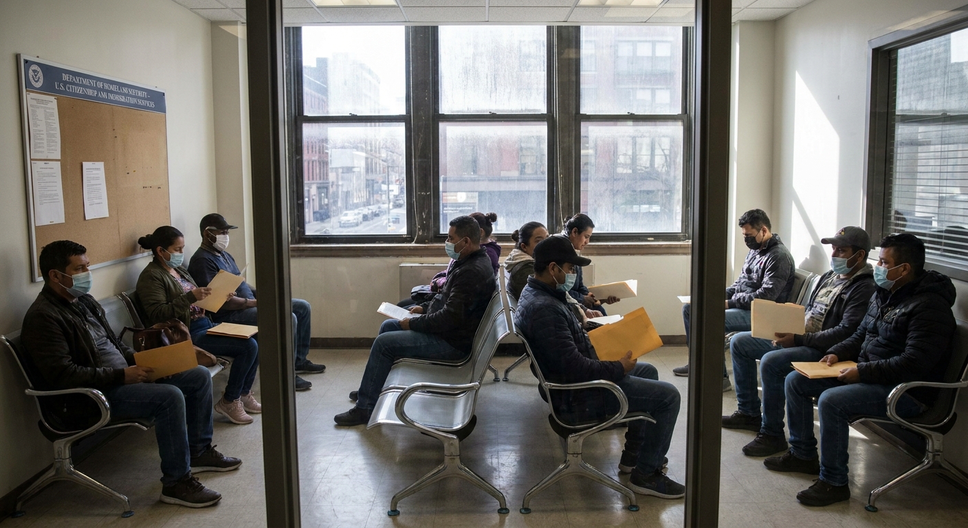 A quiet waiting room inside a United States immigration services office with people seated in chairs holding documents, news photography style
